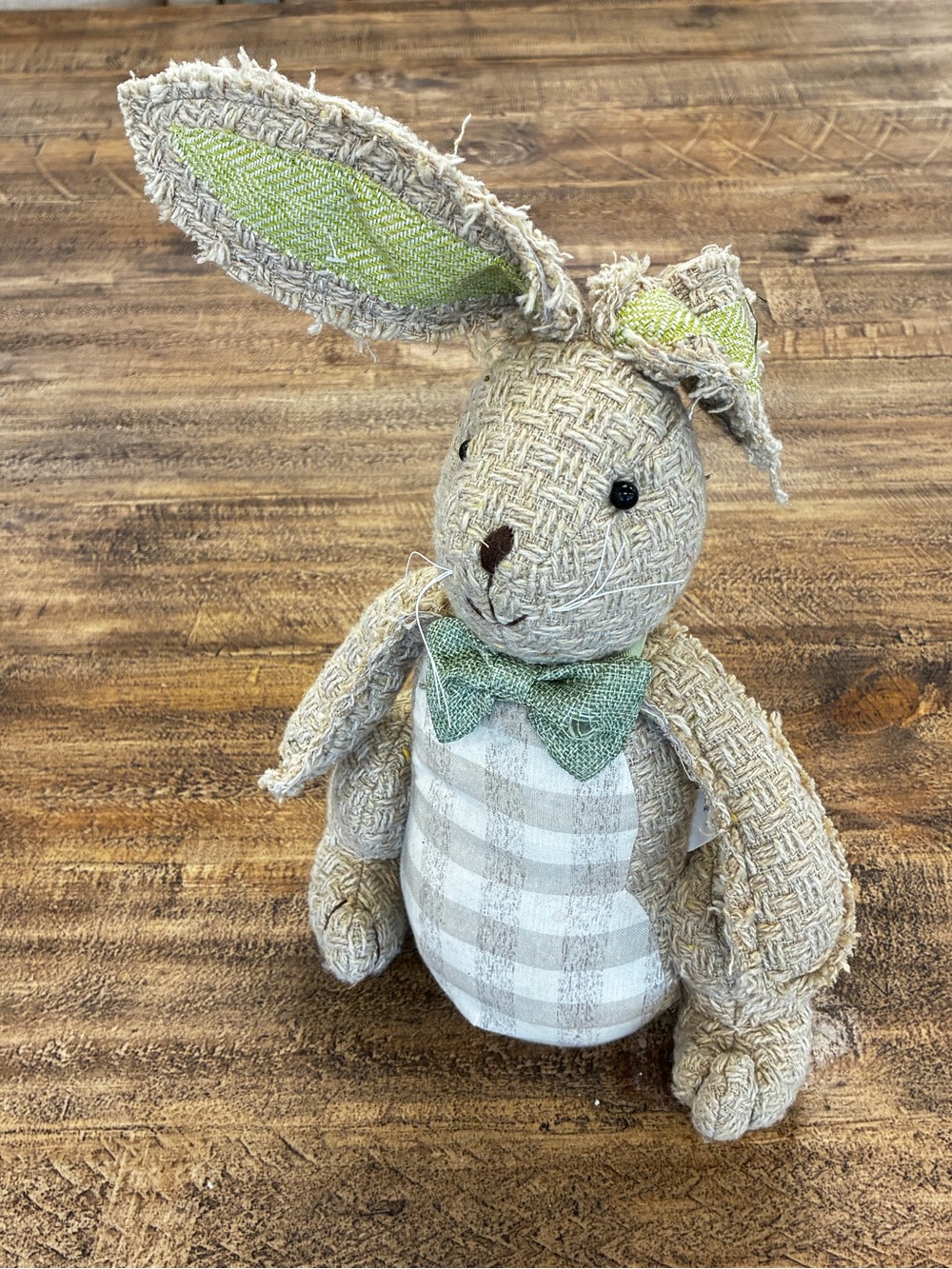 Neutral Burlap Rabbit Figurine with Green Accents - Holiday Decor
